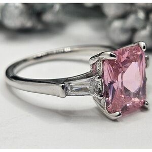 Pink Crystal Sapphire Ring Princess Cut Gemstone Pink Silver